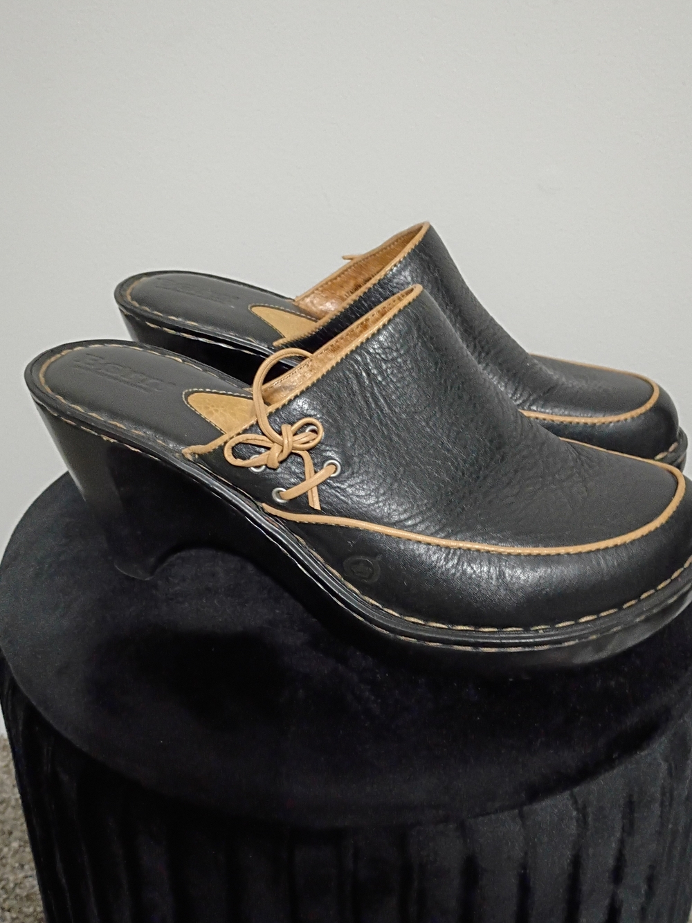 Born Black Leather Slip-On Clog Mules with Tan Trim